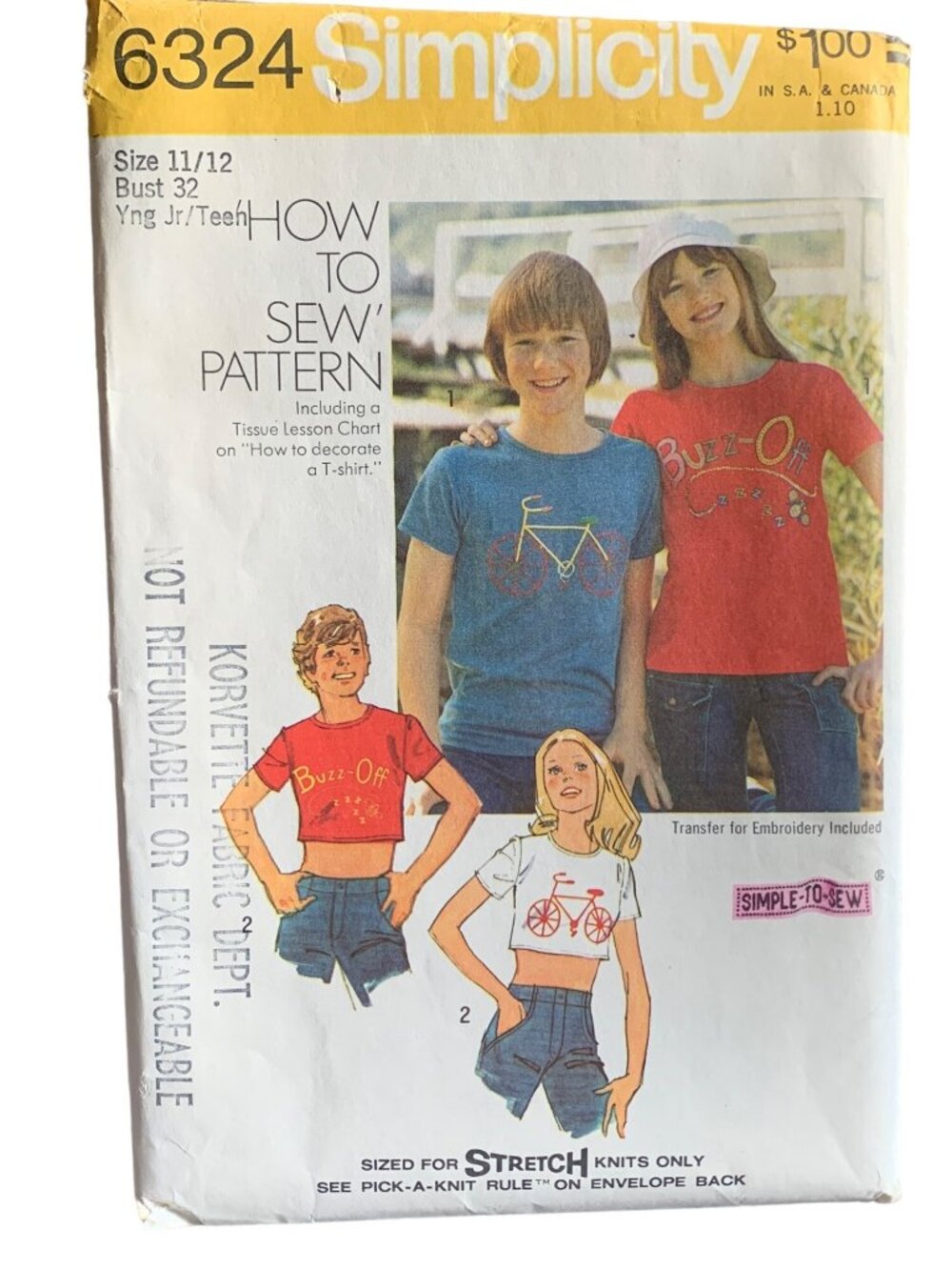 Vintage Simplicity 6324 Pattern Teens Boys Buzz-Off T-Shirts Size 11/12